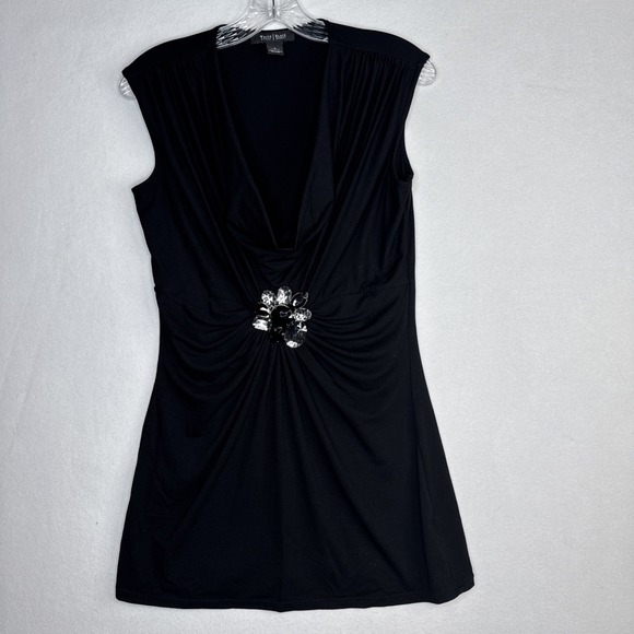White House Black Market Tops - WHBM Black Sleeveless Top Draped Neck Jeweled Brooch Detail Womens Small